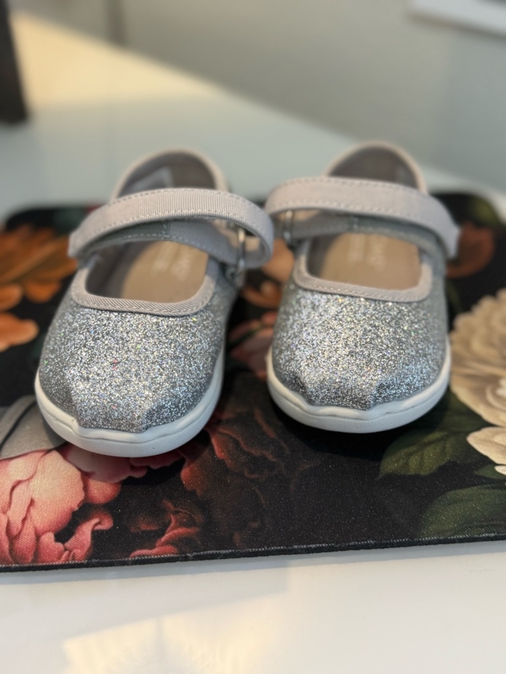 TOMS Girls Silver Glitter Mary Jane Baby & Walker Shoes